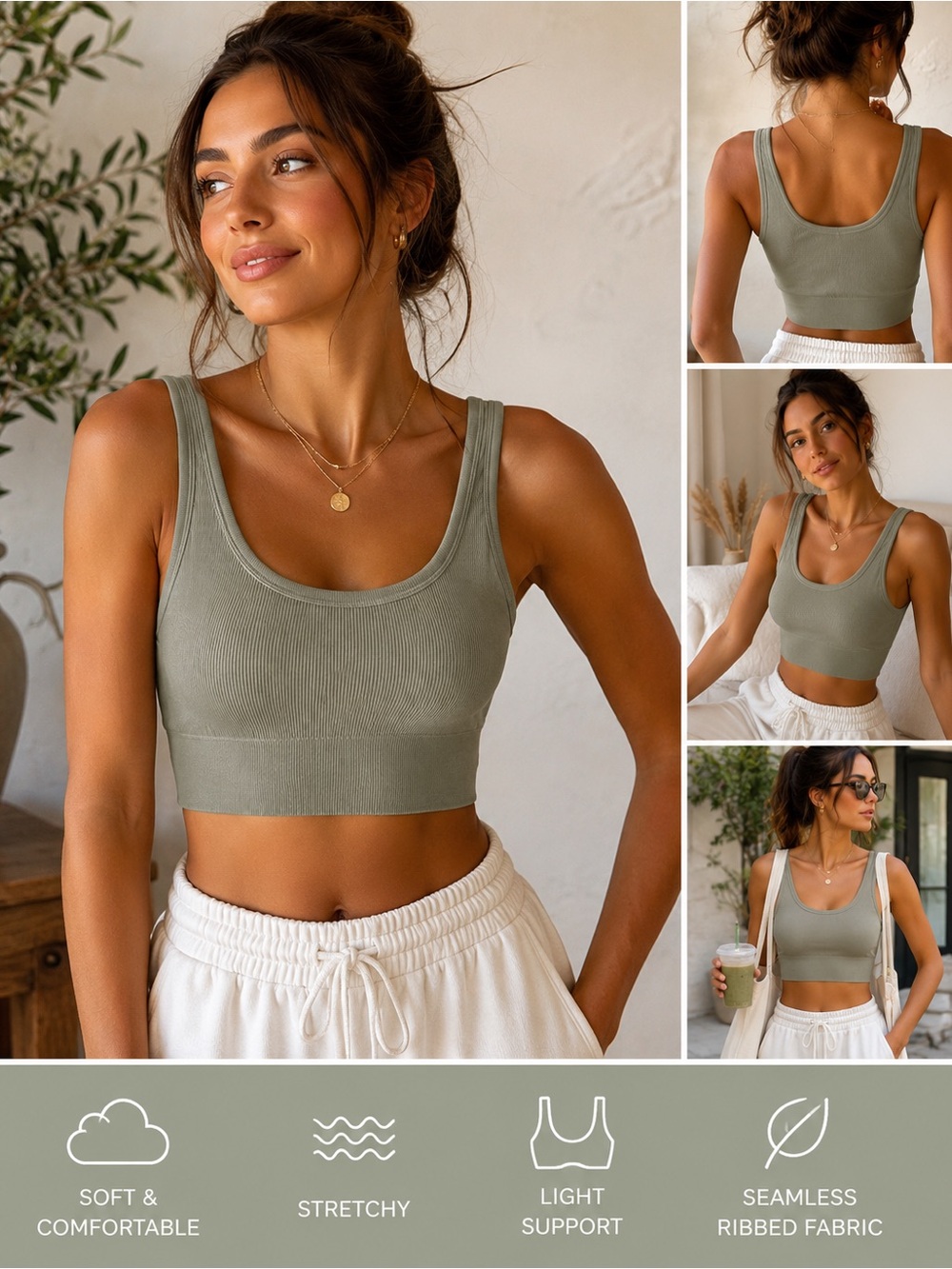 Contour Intimates Ribbed Seamless Scoop Neck Crop Tank Bra Top beige Size S